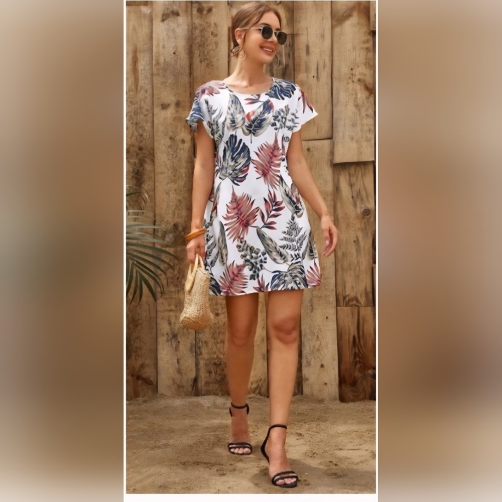 Charlie Paige Tropical Print Mini linen Dress medium New summer coastal vacation